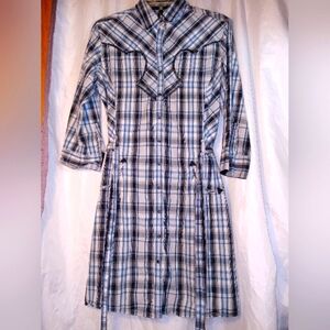 R U Cowgirl western blue black and white plaid button down dress sz.med